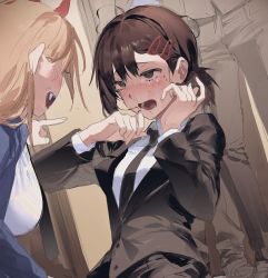 Rule 34 | 2girls, black hair, black necktie, blonde hair, blue jacket, breasts, chainsaw man, collared shirt, crying, crying with eyes open, dohyo123123, drooling, fangs, formal, hair ornament, hairclip, higashiyama kobeni, highres, horns, jacket, large breasts, looking at another, mole, mole under eye, mouth drool, multiple girls, necktie, open mouth, pointing, pointing at another, power (chainsaw man), red horns, shirt, short hair, short ponytail, snot, suit, tears, white shirt, wiping tears