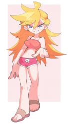 Rule 34 | 1girl, barefoot sandals (jewelry), blue eyes, border, breasts, brown footwear, camisole, highres, inkerton-kun, long hair, medium breasts, midriff, nail polish, navel, orange camisole, outside border, panty &amp; stocking with garterbelt, panty (psg), pink background, pink nails, pink shorts, pointing, shorts, solo, v-shaped eyebrows, white border