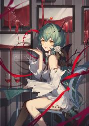 Rule 34 | 1girl, alcohol, artist name, black horns, breasts, broken glass, broken window, chair, cup, detached sleeves, dress, drinking glass, flower, forehead jewel, glass, green hair, hand up, heart, highres, horns, long hair, looking at viewer, looking to the side, open hand, original, parted lips, red ribbon, ribbon, rose, single bare shoulder, sitting, sleeveless, sleeveless dress, small breasts, solo, striped wall, table, thighs, white dress, white flower, white rose, white sleeves, wide sleeves, window, wine, wine glass, x, yellow eyes, yellow gemstone, zirancike
