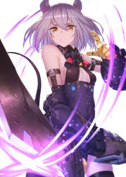 Rule 34 | 1girl, animal ears, arknights, bare shoulders, black thighhighs, breasts, clenched teeth, commentary request, covered navel, cowboy shot, detached sleeves, gloves, holding, holding sword, holding weapon, ibuki notsu, looking at viewer, mole, mole under mouth, mouse ears, scavenger (arknights), short hair, silver hair, simple background, skindentation, small breasts, solo, standing, sword, teeth, thighhighs, weapon, white background, yellow eyes, yellow gloves