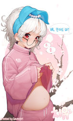 Rule 34 | 1girl, absurdres, belly, breasts, cherry blossoms, closed mouth, clothes lift, commission, cowboy shot, geumdori, glasses, hairband, highres, jacket, jacket lift, jersey, korean text, medium breasts, mole, mole under eye, navel, original, pink jacket, pink track suit, plump, red eyes, short hair, signature, silver hair, sleeves past wrists, small breasts, solo, stomach, track jacket, track suit, translation request, white background