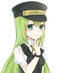 Rule 34 | alina gray, aqua eyes, black hat, black necktie, black vest, blunt ends, breasts, brooch, collar, cross tie, detached collar, fur cuffs, gem, green gemstone, green hair, hair between eyes, hat, highres, jewelry, lapels, looking at viewer, magia record: mahou shoujo madoka magica gaiden, magical girl, mahou shoujo madoka magica, mochiko (uyu omochi), multicolored hair, necktie, notched lapels, peaked cap, puffy short sleeves, puffy sleeves, see-through, see-through sleeves, short sleeves, sidelocks, simple background, sleeve cuffs, small breasts, smile, straight hair, streaked hair, v-neck, vest, white collar, white sleeves