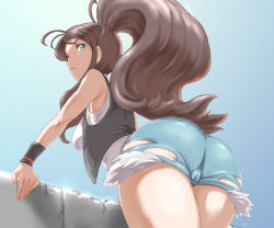 Rule 34 | 1girl, ass, bare shoulders, blue eyes, blue sky, breasts, brown hair, cameltoe, creatures (company), day, denim, denim shorts, from behind, from below, game freak, high ponytail, hilda (pokemon), kous (onetwojustice), leaning forward, long hair, looking at viewer, looking back, medium breasts, nintendo, no headwear, outdoors, parted lips, pokemon, pokemon bw, ponytail, short shorts, shorts, sky, solo, tank top, thighs, vest, wristband