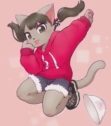 Rule 34 | 1girl, 3yo4yo5yo, animal hands, black hair, bowl, child, female focus, furry, furry female, highres, hood, hoodie, jumping, looking at viewer, original, pink background, red hoodie, shoes, shorts, sleeves past wrists, solo, tongue, tongue out, twintails