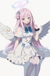 Rule 34 | 1girl, absurdres, akagi koku, blue archive, bow, bowtie, gradient halo, halo, highres, long hair, looking at viewer, mika (blue archive), multicolored halo, open mouth, pink hair, simple background, sitting, smile, solo, wings, yellow eyes
