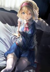 Rule 34 | 1girl, alice margatroid, arm support, bed, blonde hair, blush, geppewi, highres, looking at viewer, md5 mismatch, open mouth, short hair, sitting, solo, sweater vest, thighhighs, touhou, wink, zettai ryouiki