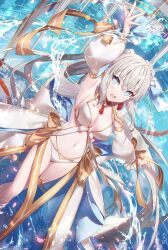Rule 34 | 1girl, arm up, armpits, bikini, blue eyes, blush, breasts, cleavage, commentary request, detached sleeves, fate/grand order, fate (series), gabiran, grey hair, hair between eyes, highres, hydrokinesis, long hair, medium breasts, morgan le fay (fate), morgan le fay (water princess) (fate), navel, official alternate costume, open mouth, ponytail, sidelocks, solo, stomach, swimsuit, very long hair, water, white bikini