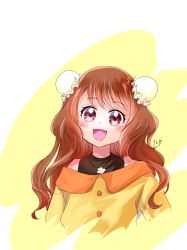 Rule 34 | 1girl, :d, alternate hair length, alternate hairstyle, blush, brown hair, bun cover, cropped torso, delicious party precure, floating hair, hanamichi ran, highres, long hair, looking at viewer, manekineko5319, off-shoulder shirt, off shoulder, open mouth, precure, red eyes, shirt, smile, solo, very long hair, yellow shirt