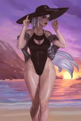 Rule 34 | 1girl, bare shoulders, beach, black hat, black nails, black one-piece swimsuit, breasts, cleavage, cleavage cutout, clothing cutout, cloud, collarbone, covered navel, diana (league of legends), facial mark, fingernails, g21mm, grey eyes, hat, highres, league of legends, long hair, nail polish, ocean, one-piece swimsuit, outdoors, parted lips, purple sky, red lips, sand, signature, silver hair, sky, solo, standing, sun, sunset, swimsuit, water