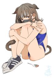 Rule 34 | 1girl, animal ears, ass, ass focus, cat ears, highres, iseki shuuichi, mask, on floor, one-piece swimsuit, pussy, pussy peek, shoes, swimsuit, tail, thermometer, white background