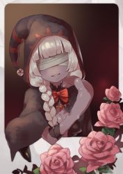 Rule 34 | 1girl, absurdres, bandaged head, bandages, bandages over eyes, border, bow, bowtie, braid, colored skin, covered eyes, facing viewer, fewer digits, flower, grey hair, hand up, head tilt, highres, hood, hood up, kuda (okame nin), long hair, okame nin, original, parted lips, pink flower, pink rose, purple skin, red bow, red bowtie, rose, smile, solo, tentacles, upper body, white border