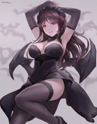Rule 34 | 1girl, :d, armpits, arms behind head, arms up, artist name, bad id, bad pixiv id, bat (animal), bat wings, black dress, black hair, black headwear, black thighhighs, black wings, blurry, blurry background, breasts, chowbie, cleavage, commentary request, depth of field, detached collar, detached sleeves, dress, grey background, leg up, long hair, long sleeves, looking at viewer, looking away, looking down, medium breasts, open mouth, original, parted bangs, purple eyes, resolution mismatch, revision, smile, solo, source larger, standing, standing on one leg, strapless, strapless dress, thighhighs, thighs, wings