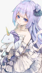 Rule 34 | 1girl, ahoge, azur lane, bare shoulders, breasts, bride, cleavage, closed mouth, dress, elbow gloves, expressionless, gloves, hair between eyes, hair bun, hair ornament, hair ribbon, highres, jewelry, long hair, necklace, nyucha, hugging object, petite, purple eyes, purple hair, ribbon, side bun, single hair bun, single side bun, solo, stuffed animal, stuffed toy, stuffed unicorn, stuffed winged unicorn, unicorn, unicorn (azur lane), very long hair, wedding dress, white dress, white gloves