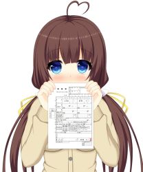 Rule 34 | 10s, 1girl, aged up, ahoge, blue eyes, blush, brown hair, cardigan, commentary request, covered mouth, fingernails, hair between eyes, heart, heart-shaped pupils, heart ahoge, highres, hinatsuru ai, holding, holding paper, long hair, long sleeves, looking at viewer, low twintails, marriage certificate (object), paper, ryuuou no oshigoto!, simple background, solo, symbol-shaped pupils, twintails, upper body, urarara (shlsz 22728), very long hair, white background