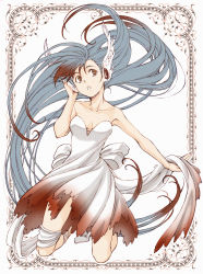 Rule 34 | 1girl, artist name, bare shoulders, blue hair, brown eyes, collarbone, dress, floating hair, framed, full body, gradient dress, gradient hair, hatsuo, head wings, highres, kneeling, multicolored clothes, multicolored dress, multicolored hair, original, out of frame, outside border, outstretched arm, solo, strapless, strapless dress, white dress, wind, wings