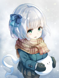 Rule 34 | 1girl, absurdres, black pantyhose, blue bow, blunt bangs, bow, enpera, green bow, green eyes, green vest, hair bow, hairband, highres, holding, konpaku youmu, konpaku youmu (ghost), long sleeves, looking ahead, mittens, open mouth, pantyhose, pegashi, pleated skirt, scarf, short hair, silver hair, skirt, snow, snowing, solo, standing, touhou, vest, winter clothes