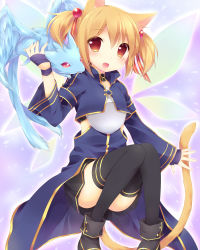Rule 34 | 10s, 1girl, :d, animal ears, armor, black thighhighs, blush, breastplate, brown hair, cat ears, cat tail, hazuki (sutasuta), highres, looking at viewer, multiple tails, open mouth, pina (sao), red eyes, silica, silica (sao-alo), smile, solo, sword art online, tail, thighhighs, twintails, two tails