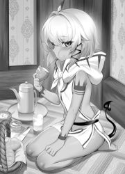 Rule 34 | 1girl, blush, bread, breasts, cup, demon tail, food, greyscale, looking at viewer, m-da s-tarou, monochrome, rocoroco, seiza, short hair, sitting, small breasts, solo, tail, tanaka the wizard, teapot, thighs
