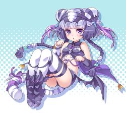 Rule 34 | 1girl, :&lt;, :o, arm warmers, bat wings, blush, boots, bow, bracelet, braid, cat hair ornament, double bun, hair bun, hair ornament, haku (p&amp;d), jewelry, knees together feet apart, legs together, long hair, low wings, magatama, midriff, multicolored hair, navel, open mouth, purple bow, purple eyes, purple footwear, purple hair, purple wings, puzzle &amp; dragons, shoes, shorts, shouni (sato3), silver hair, solo, striped clothes, striped thighhighs, tail, thighhighs, tiger tail, twin braids, two-tone hair, wings