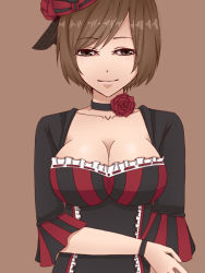 Rule 34 | 1girl, bracelet, breasts, brown eyes, brown hair, choker, cleavage, collarbone, facing viewer, flower, frilled sleeves, frills, hand on own arm, hat, jewelry, large breasts, light smile, looking at viewer, lorelei (module), lovers suicide oblivion (vocaloid), meiko (vocaloid), mini hat, nalfgo, project diva (series), project diva extend, rose, short hair, simple background, solo, tan background, upper body, vocaloid