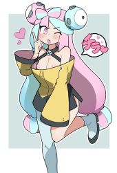 Rule 34 | 1girl, absurdres, bow-shaped hair, breasts, character hair ornament, creatures (company), game freak, grey pantyhose, hair ornament, highres, iono (pokemon), jacket, long hair, low-tied long hair, multicolored hair, nintendo, nipples, oversized clothes, pantyhose, pokemon, pokemon sv, sharp teeth, single leg pantyhose, sleeves past fingers, sleeves past wrists, small breasts, solo, split-color hair, teeth, very long sleeves, white-stew, x, yellow jacket