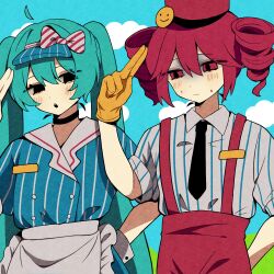 Rule 34 | 2girls, ahoge, apron, black necktie, blue dress, blue hair, bow, closed mouth, cloud, collared shirt, dress, drill hair, gloves, hand up, hashtag-only commentary, hatsune miku, hibqrin, highres, kasane teto, long hair, looking to the side, mesmerizer (vocaloid), multiple girls, necktie, pants, pink eyes, pink hair, pink pants, puffy short sleeves, puffy sleeves, salute, shirt, short sleeves, sidelocks, sky, striped bow, striped clothes, striped shirt, suspenders, twin drills, twintails, two-finger salute, utau, very long hair, visor cap, vocaloid, waitress, yellow gloves