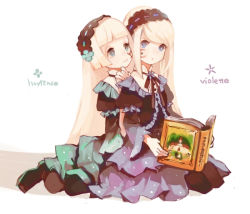 Rule 34 | 2girls, bad id, bad pixiv id, black legwear, blonde hair, blue eyes, book, bright pupils, character name, clea (geee13), dress, facial tattoo, frills, gothic lolita, hairband, hand on another&#039;s shoulder, hime cut, holding, holding book, hortense (sound horizon), lace-trimmed hairband, lace trim, layered dress, lolita fashion, long hair, maerchen (sound horizon), multiple girls, open book, pantyhose, reading, roman (sound horizon), shoes, simple background, sitting, sound horizon, tattoo, very long hair, violette (sound horizon), white background, white pupils