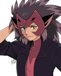 Rule 34 | 1girl, animal ears, arm behind head, blue eyes, cat ears, cat girl, catra (princesses of power), closed mouth, collarbone, collared jacket, commentary, eyelashes, freckles, grey hair, heterochromia, highres, jacket, kaguras-art, red shirt, she-ra and the princesses of power, shirt, simple background, solo, tan, upper body, white background, yellow eyes