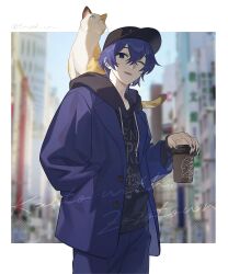 Rule 34 | 1boy, 1c3ink3tk4n, absurdres, animal, animal on shoulder, black hoodie, blue eyes, blue hair, blue jacket, blue nails, blue pants, blurry, blurry background, border, cat, cat on shoulder, coffee cup, cup, disposable cup, hair between eyes, hat, highres, hood, hoodie, jacket, jacket over hoodie, kaito (vocaloid), looking at viewer, male focus, one eye closed, open clothes, open jacket, pants, project sekai, short hair, solo, standing, vocaloid, white border, wonderlands x showtime kaito