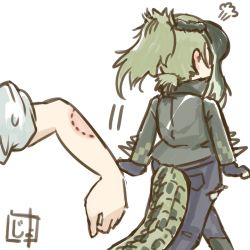 Rule 34 | 1boy, 1girl, puff of air, artist logo, asst lab, bite mark, black gloves, commentary request, crocodilian tail, fingerless gloves, gloves, green hair, kemono friends, long hair, multicolored hair, out of frame, pants, ponytail, saltwater crocodile (kemono friends), simple background, tail, tail through clothes, walking away, white background