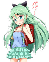 Rule 34 | 10s, 1girl, aikawa ryou, alternate costume, backpack, bag, bare arms, bare shoulders, black ribbon, blue eyes, blush, commentary, crime prevention buzzer, green hair, hair between eyes, hair ribbon, highres, kantai collection, long hair, open mouth, randoseru, ribbon, simple background, skirt, solo, white background, yamakaze (kancolle)