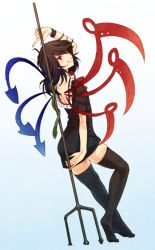 Rule 34 | 1girl, arm up, asymmetrical wings, back, black dress, black hair, black thighhighs, blush, bow, bowtie, dress, from behind, full body, gradient background, grin, houjuu nue, long hair, looking at viewer, looking back, polearm, red eyes, sharp teeth, simple background, smile, solo, teeth, thighhighs, touhou, trident, urin, weapon, wings, zettai ryouiki