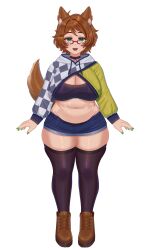 Rule 34 | 1girl, absurdres, ahoge, animal ear fluff, animal ears, arms at sides, blush, boots, breasts, brown hair, brown tail, choker, cleavage, dog girl, drawstring, full body, glasses, green eyes, green nails, highres, hood, hood down, hoodie, indie virtual youtuber, large breasts, long sleeves, looking at viewer, medium hair, midriff, mint castella, navel, open hands, open mouth, plump, pocket, red-framed eyewear, second-party source, semi-rimless eyewear, short shorts, shorts, simple background, smile, solo, standing, straight-on, su niii, tail, tareme, thick thighs, thighhighs, thighs, virtual youtuber, white background