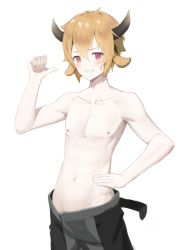 Rule 34 | 1boy, animal ears, arknights, artist request, bare pectorals, bison (arknights), blush, brown hair, commentary request, cow ears, cow horns, grin, hand on own hip, horns, male focus, nipples, pectorals, pink eyes, pointing, pointing at self, topless male, simple background, smile, solo, white background