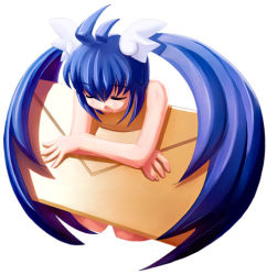 Rule 34 | 1girl, ahoge, bad id, blue hair, blush, closed eyes, envelope, hair ornament, hairpin, jewelry, long hair, miyase, mozilla thunderbird, os-tan, personification, sidelocks, simple background, solo, thunderbird-tan, twintails, very long hair, white background