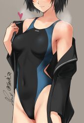 Rule 34 | 1girl, amagami, bare shoulders, black hair, black jacket, black one-piece swimsuit, blue one-piece swimsuit, blush, bob cut, breasts, brown eyes, closed mouth, commentary, competition swimsuit, covered navel, cowboy shot, grey background, groin, head out of frame, heart, highleg, highleg swimsuit, highres, jacket, kibito high school uniform, light smile, looking at viewer, medium breasts, nanasaki ai, one-piece swimsuit, open clothes, open jacket, school uniform, short hair, signature, simple background, solo, steam, steaming body, swimsuit, twitter username, two-tone swimsuit, yoo tenchi