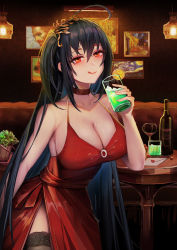 Rule 34 | 1girl, :q, absurdres, ahoge, azur lane, bare shoulders, black hair, black thighhighs, blush, breasts, choker, cleavage, cocktail, cocktail dress, collarbone, commentary, condensation, couch, cup, drawing (object), dress, hair between eyes, hair ornament, highres, holding, holding cup, jianshu, large breasts, long hair, looking at viewer, official alternate costume, one side up, red choker, red dress, red eyes, sitting, smile, solo, spill, taihou (azur lane), taihou (forbidden feast) (azur lane), thighhighs, tongue, tongue out, very long hair