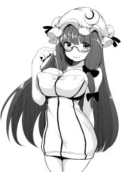 Rule 34 | 1girl, absurdres, bespectacled, blush, bow, breasts, collarbone, covered erect nipples, crescent, female focus, glasses, greyscale, hair bow, hat, highres, large breasts, long hair, looking at viewer, monochrome, patchouli knowledge, pokachu, smile, solo, striped, touhou, vertical stripes, white background