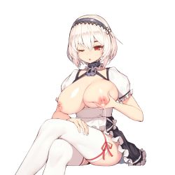 Rule 34 | 1girl, apron, azur lane, breasts, commentary, crossed legs, frilled apron, frilled sleeves, frills, hair between eyes, hairband, hand on own chest, hand on own thigh, highres, lactation, large breasts, maid, nipples, one eye closed, pepper0, puffy short sleeves, puffy sleeves, red eyes, shiny skin, short hair, short sleeves, silver hair, simple background, sirius (azur lane), sitting, solo, thighhighs, white background
