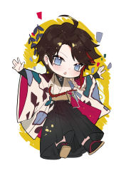 Rule 34 | 1boy, :o, absurdres, black hair, blue eyes, blush, chibi, chinese commentary, commentary request, full body, haori, highres, japanese clothes, looking at viewer, male focus, multicolored hair, nijisanji, red hair, saegusa akina, sandals, simple background, solo, streaked hair, tabi, virtual youtuber, wide sleeves, wumumu, zouri