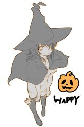 Rule 34 | 1girl, a will, cape, hair over one eye, halloween, halloween costume, hat, jack-o&#039;-lantern, kago1205, long hair, monochrome, solo, wand, witch hat