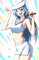 Rule 34 | 1girl, ;d, blue eyes, casual, cowboy shot, cropped shirt, dixie cup hat, double fox shadow puppet, flint (girls und panzer), fox shadow puppet, girls und panzer, grey hair, hat, highres, holding, holding microphone, long hair, looking at viewer, microphone, midriff, military hat, miniskirt, multicolored background, navel, omachi (slabco), one eye closed, open mouth, pencil skirt, sailor collar, shirt, side slit, skirt, sleeveless, sleeveless shirt, smile, solo, standing, tilted headwear, white sailor collar, white shirt, white skirt