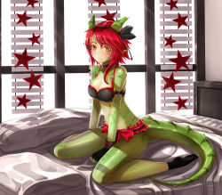 Rule 34 | 1girl, bare shoulders, black bra, black socks, borrowed character, bra, breasts, chloe bechstein, choker, colored skin, commentary, commission, dragon girl, dragon tail, essa sazhka, fingerless gloves, gloves, green skin, hairband, heart, heart choker, horns, indoors, long hair, looking at viewer, medium breasts, monster girl, on bed, original, panties, parted lips, pointy ears, red eyes, red hair, scales, sitting, socks, solo, star (symbol), tail, television, underwear, wariza, window