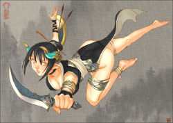 Rule 34 | 1girl, anklet, ariverkao, ass, barefoot, black hair, breasts, choker, cleavage, dagger, feet, foreshortening, jewelry, knife, legs, lips, no panties, original, pointy ears, ponytail, see-through, shield, solo, weapon