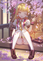 Rule 34 | 1girl, :d, absurdres, ass, blonde hair, cherry blossoms, commentary request, fangs, frills, green eyes, highres, idolmaster, idolmaster cinderella girls, idolmaster cinderella girls starlight stage, jacket, jougasaki rika, juu p, long hair, looking at viewer, necktie, one eye closed, open mouth, panties, pink footwear, puffy short sleeves, puffy sleeves, shoes, short sleeves, sitting, smile, solo, striped necktie, striped neckwear, thighhighs, thong, underwear, wedgie, white jacket, white panties, white thighhighs, yellow necktie