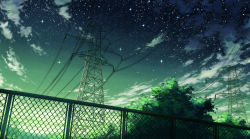 Rule 34 | aoha (twintail), cloud, cloudy sky, fence, gradient sky, green sky, green theme, night, night sky, no humans, outdoors, power lines, scenery, sky, star (sky), starry sky, transmission tower, tree
