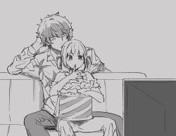 Rule 34 | 1boy, 1girl, alternate hairstyle, casual, closed mouth, couch, food, greyscale, hana (paku splosion), hawaiian shirt, head rest, lycoris recoil, majima (lycoris recoil), monochrome, nishikigi chisato, on couch, popcorn, shirt, simple background, sitting, size difference, sketch, sleeveless, spaghetti strap, spread legs, twintails, watching television