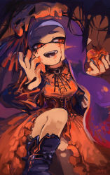 Rule 34 | 1girl, blunt bangs, blush, boots, breasts, collar, cupcake, dress, fangs, food, halloween, hat, highres, ink, inkling, inkling girl, inkling player character, long hair, mask, nintendo, open mouth, orange eyes, pointy ears, purple hair, silk, skull-shaped hat, skull hat, smile, solo, spider web, tentacle hair, tona bnkz, witch, witch hat