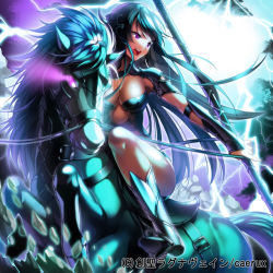 Rule 34 | 1girl, aile (crossroads), armor, blue hair, breasts, glowing, glowing eyes, horse, horseback riding, large breasts, long hair, open mouth, original, polearm, purple eyes, riding, sousei ragnavein, spear, weapon