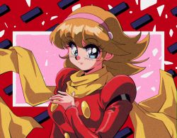 Rule 34 | 1990s (style), 1girl, breasts, brown hair, cyborg 009, eyelashes, film grain, francoise arnoul, hairband, hand on own chest, looking at viewer, medium breasts, medium hair, pink hairband, potiri02, retro artstyle, scarf, smile, solo, yellow scarf